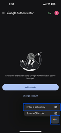 A screenshot showing the plus sign and the Enter a setup key selection highlighted within Google Authenticator