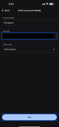 A screenshot highlighting where to paste the account key