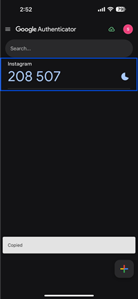 A screenshot showing the six digit pin to the Instagram account