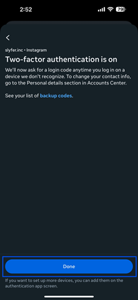 An Instagram prompt telling the user that Two-Factor authentication is on