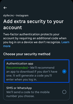 A picture showing the Authentication app option