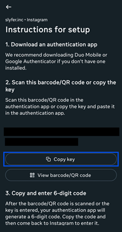 A picture showing Instagram's guide to downloading an authentication app and the account key