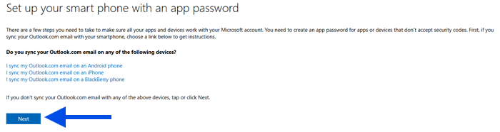A screenshot of Microsoft asking the user to create app passwords for other apps
