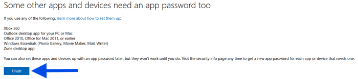 A screenshot of Microsoft informing the user of additional apps that need an app password