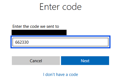 A screenshot showing the six digit pin pasted into the Microsoft prompt