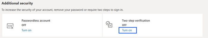 A picture showing the Turn On option within the Two-step verification menu
