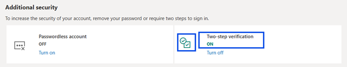 A screenshot showing two-step verification turned on