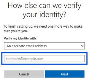 A Microsoft prompt asking the user to input an alternative email